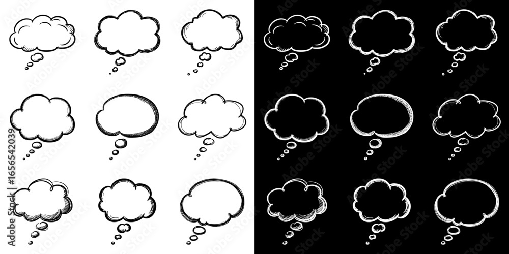 Poster isolated vector image of thought bubbles, set of images, two design options on transparent and black