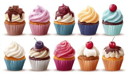Twelve colorful cupcakes, various frosting and topping combinations, realistic style