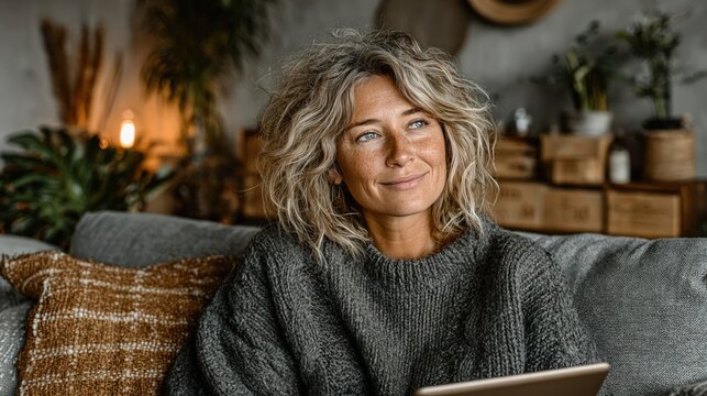 Thoughtful woman sitting on a couch, holding a tablet