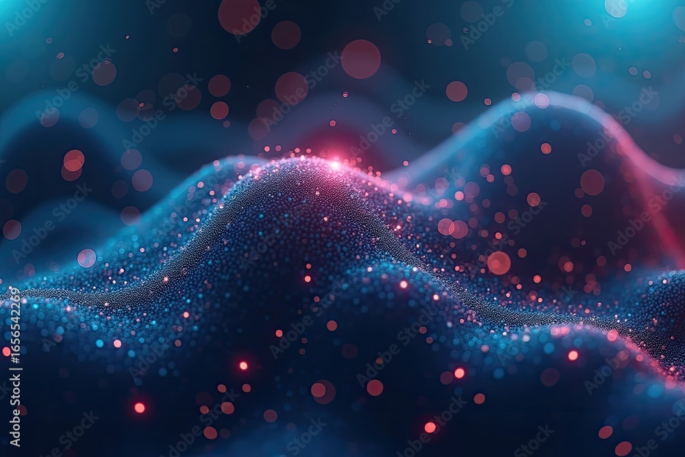 Poster abstract digital landscape of undulating points of light.