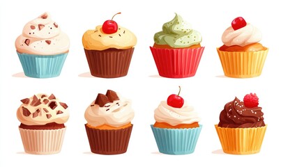 Nine colorful cupcakes in pastel-colored liners, various toppings