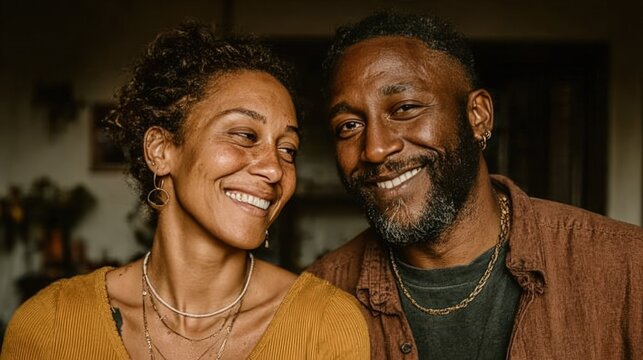 Close-up of a smiling couple, looking at each other with a warm, affectionate expression