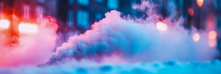 Fototapeta premium Vibrant multi-color smoke billows across mysterious urban street at night, illuminated by blurred city lights, creating dynamic and ethereal atmosphere
