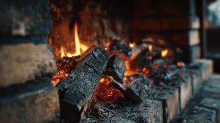 Close-up of a fireplace with burnt logs and glowing embers fading, no flames left, minimal light and shadows against a rustic brick background