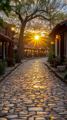 Fototapeta premium Warm golden hour light bathes quaint European cobblestone street, highlighting charming traditional houses and majestic tree under radiant sunburst.