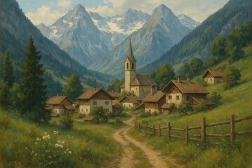 Fototapeta premium Serene village nestled among mountains.