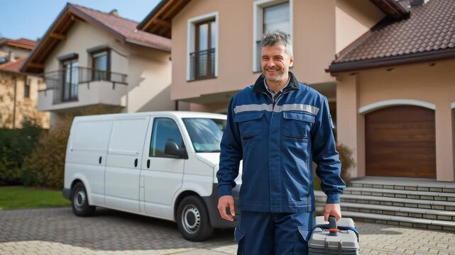 Smiling service worker in uniform holding toolbox standing in front of work van and modern house, concept of repair, maintenance and customer service. - Powered by Adobe