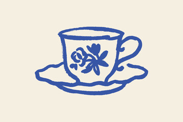 Tea cup with saucer floral sketch style vector illustration