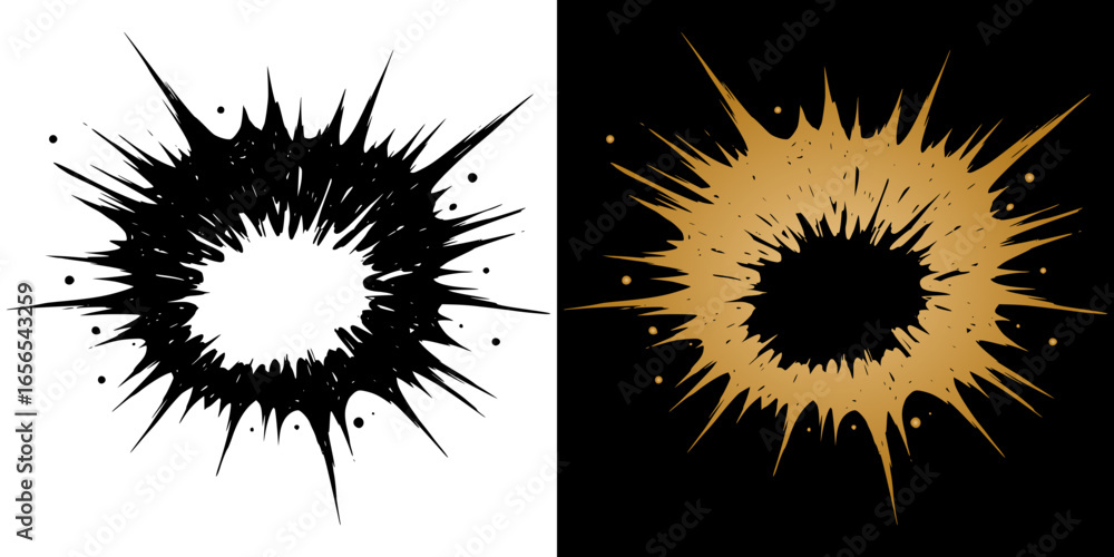 Poster isolated vector image of a burst design in black and gold backgrounds, two design options on transpa