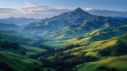 Fototapeta premium Rolling Green Hills and Mountain Peaks Landscape at Sunrise