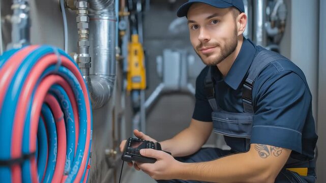 Technician in uniform checking heating system with digital device in boiler room, concept of maintenance, service and professional repair.