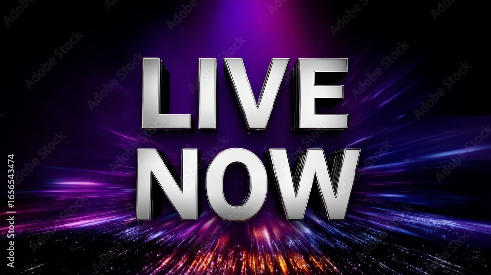 Poster digital graphic featuring the phrase live now in metallic font against a colorful abstract backgroun