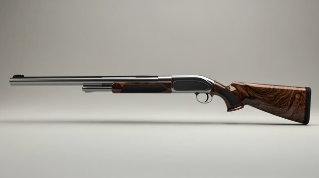 Sleek, silver-toned shotgun with a richly figured, dark wood stock and forend, displayed against a neutral backdrop.  The firearm is shown in profile view, highlighting its elegant design