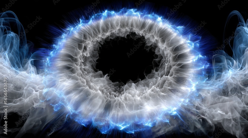 Aufkleber dynamic circular animation with glowing blue and white particles on a black background