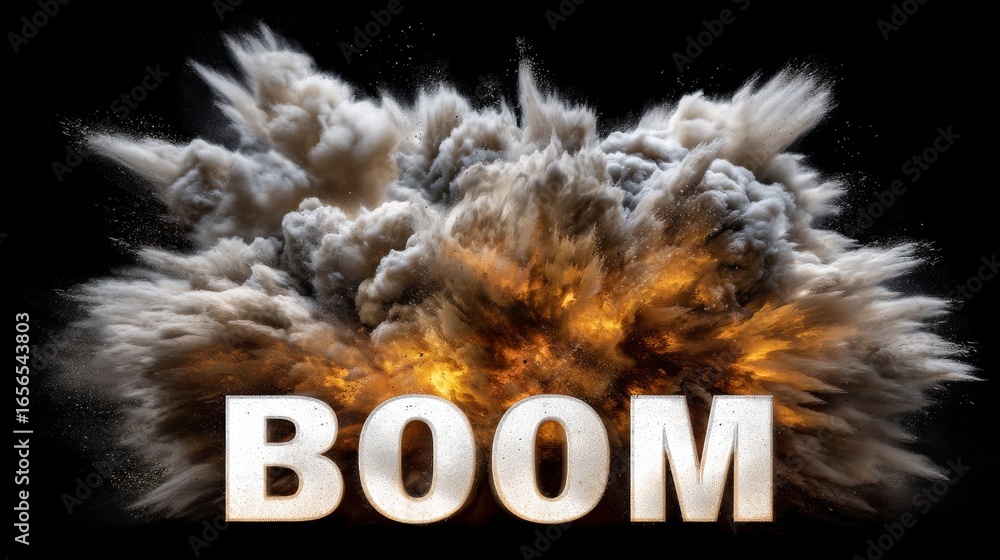 Aufkleber dynamic explosion with smoke and fiery elements surrounding boom text on dark background