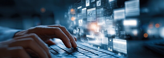 Hands typing on a computer keyboard, with digital interface elements overlaid