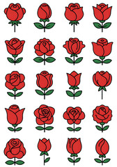 A collection of stylized red rose illustrations, showcasing various stages of bloom from tightly closed buds to fully opened flowers, each with green leaves ...
