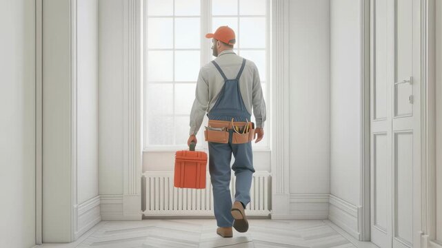 Handyman in overalls carrying toolbox walking down bright modern hallway, concept of repair, service and professional maintenance.