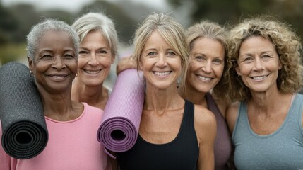 Five smiling women carrying yoga mats, outdoors