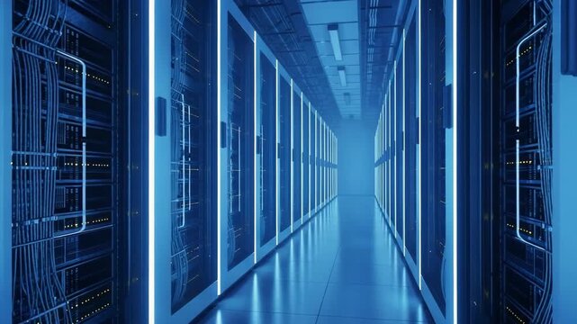 Futuristic data center corridor with illuminated server racks, glowing cables and advanced network infrastructure powering cloud computing and digital storage