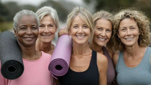 Five smiling women carrying yoga mats, outdoors