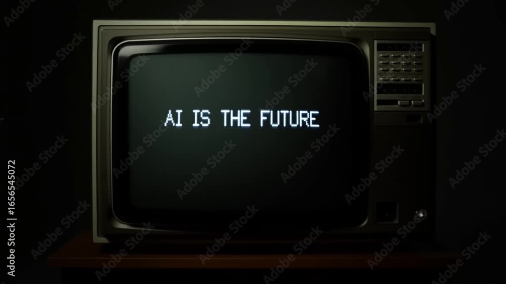 Poster retro television set displaying the message ai is the future on a dark background, evoking themes of