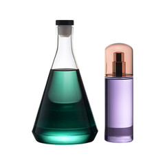 Green liquid in an Erlenmeyer flask and a purple perfume bottle.