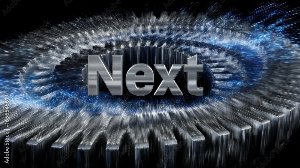 Poster metallic styled text next with rotating gear effect on dark background