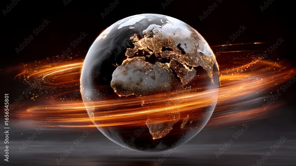 Poster rotating 3d globe with illuminated continents and swirling light trails representing global connecti