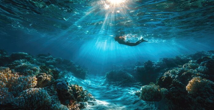 Underwater scene of coral reef and swimmer - Powered by Adobe