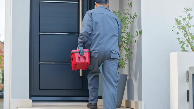 Smiling handyman in uniform holding red toolbox standing in front of modern house, concept of repair, maintenance and home service.