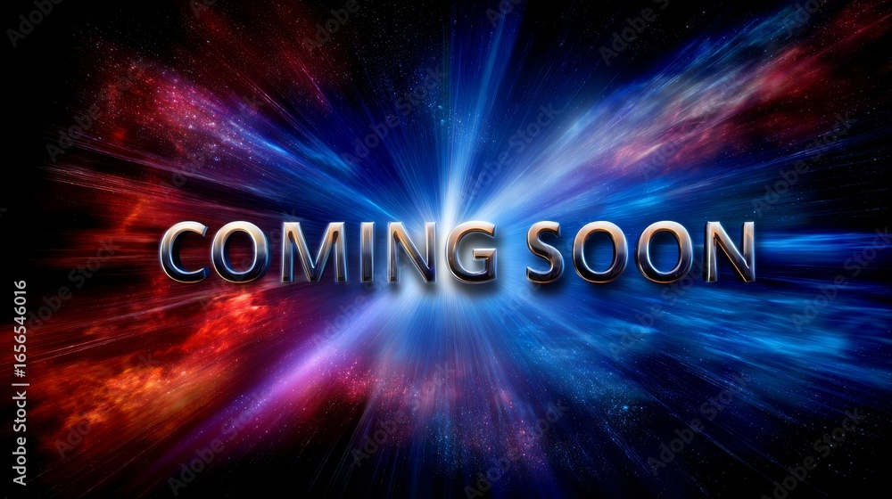 Poster text 'coming soon' with vibrant cosmic background and rays of light in dynamic colors