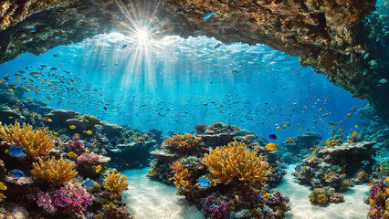 Obraz premium Sunlight Rays in a Vibrant Coral Reef