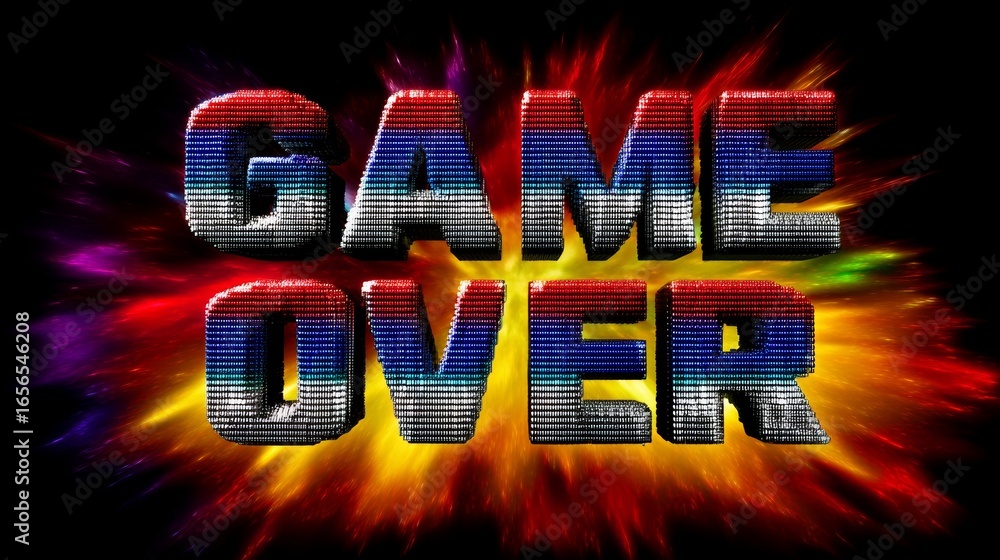 Poster vibrant explosion of colorful lights surrounding retro arcade style game over text