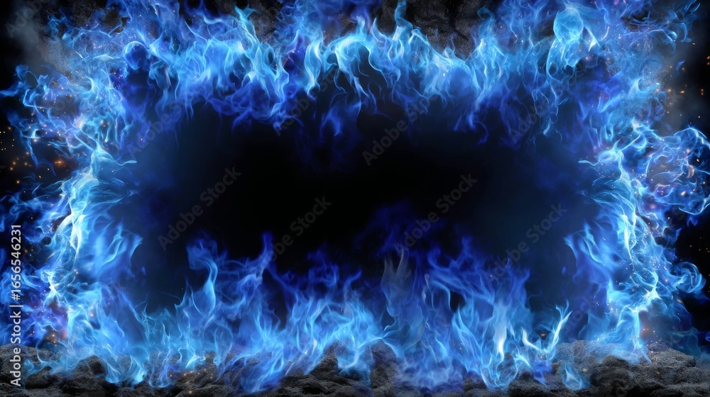 Poster vibrant neon blue flames creating a dynamic border effect on dark background