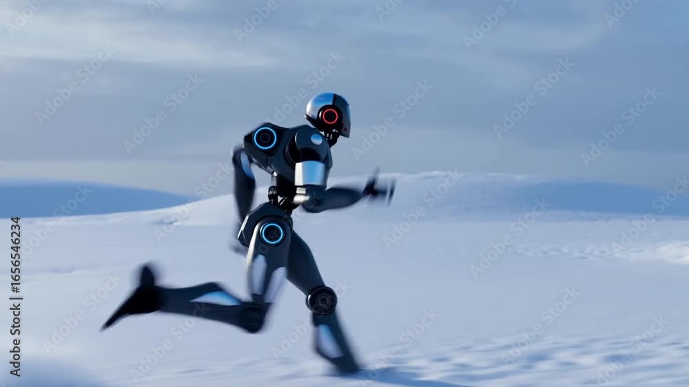 Poster humanoid robot striding across snow covered terrain, demonstrating cutting edge robotics and mechani