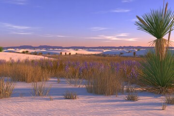 Fototapeta premium Desert landscape at dawn. Pastel colors, white sand, plants