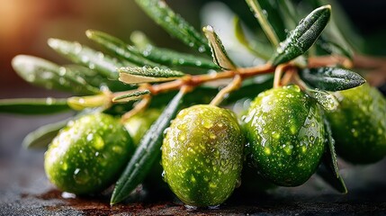 Fresh Green Olives on Branch with Water Droplets, Close-up Macro Shot