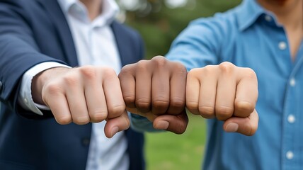 Three people doing a fist bump wearing suits and blue shirts representing friendship and diversity concept