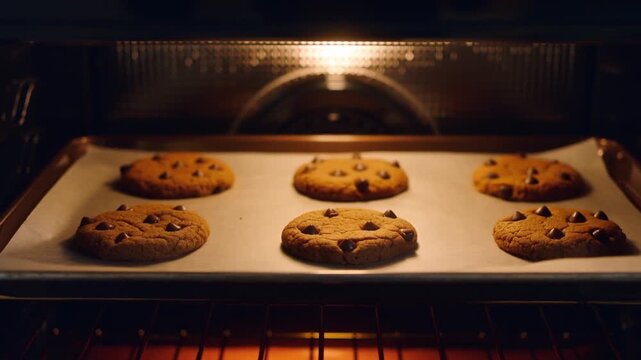 Golden brown chocolate chip cookies slowly baking and browning on sheet inside electric oven, releasing warm, sweet aroma of homemade pastry