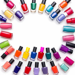 Colorful Nail Polish Bottles Arranged in a Rainbow Frame on White Background