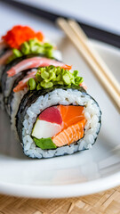 Close-up of colorful sushi roll wrapped in nori, filled with layers of raw salmon, tuna, shrimp, avocado, cucumber, rice and topped with orange roe, green sprouts, and wasabi. Fresh Japanese cuisine.