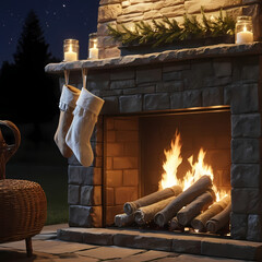 Cream Stockings Hanging by Outdoor Fireplace at Night  