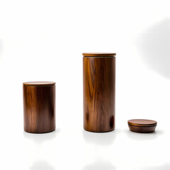Dark Brown Cylindrical Wooden Jar with Lid on White Background  