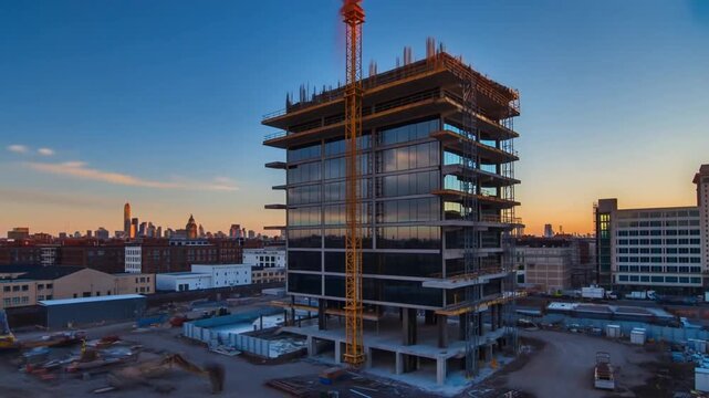 Construction progress of a modern glass skyscraper in an urban environment, showcasing different stages of development from initial groundwork to the finished structure