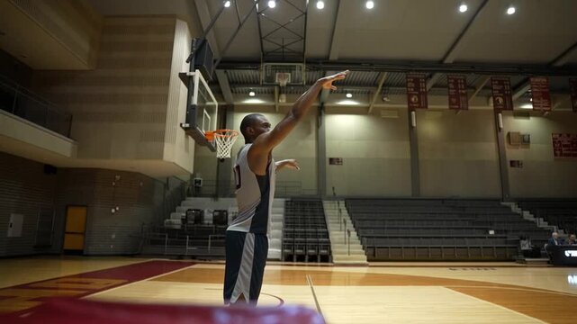 Professional basketball athlete practicing free throws with precision, standing alone in empty indoor court, demonstrating focused technique and skill development