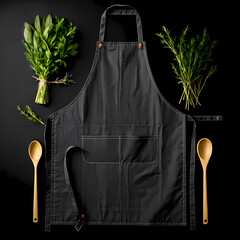 Dark Gray Apron with Fresh Herbs and Wooden Spoons on Black Background  