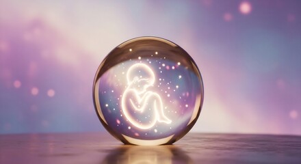 Glowing fetus silhouette inside crystal ball, purple background with bokeh lights. Perfect for pregnancy announcement, maternity, baby shower, futuristic medical concepts.