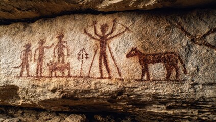 Prehistoric rock carvings depicting figures and animals