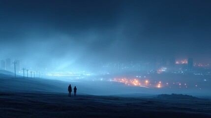 Fototapeta premium Silhouetted Figures Overlook City Lights in Misty Landscape at Night
